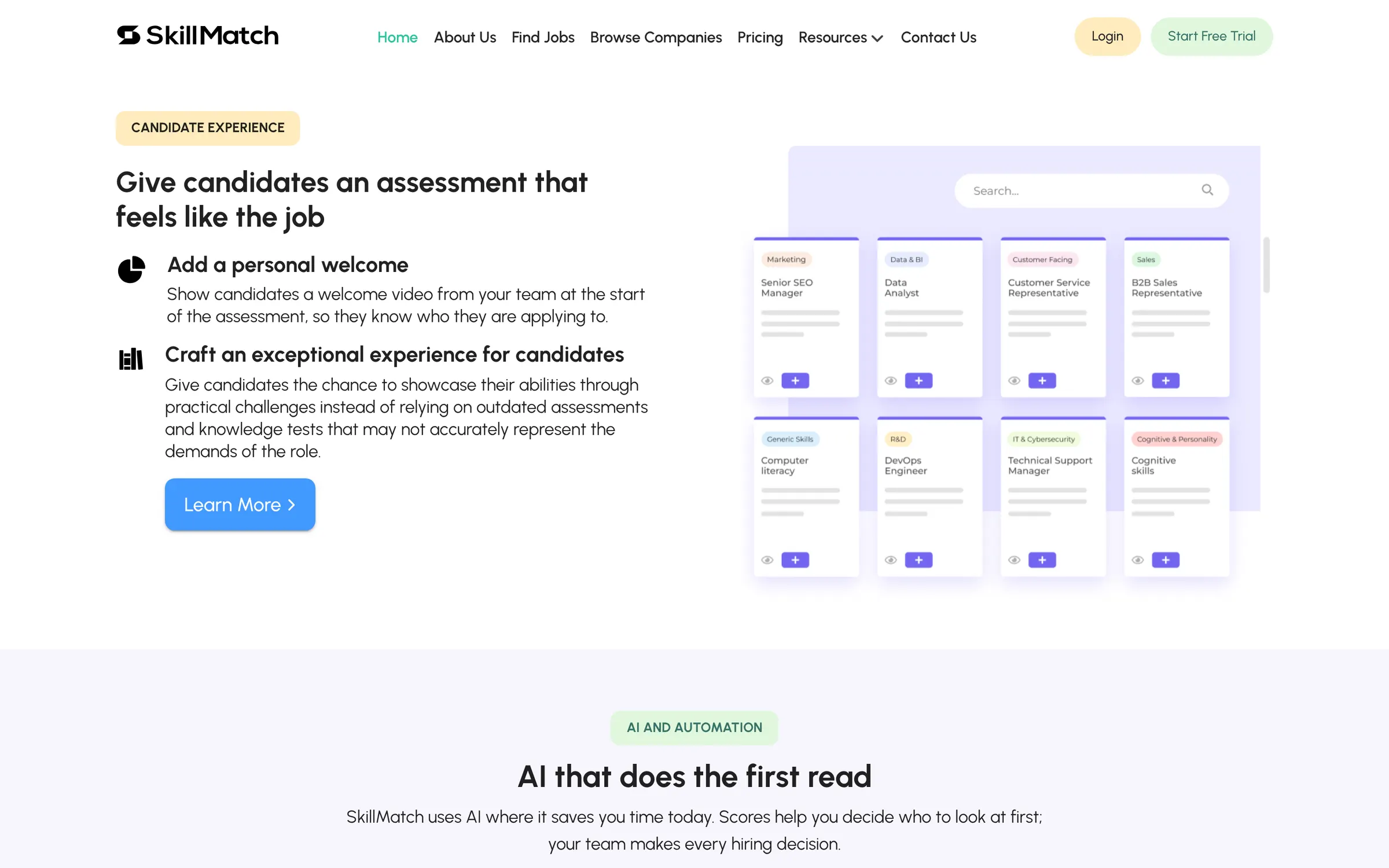 SkillMatch site section on the candidate experience, beside an illustration of the assessment library: role assessments such as senior SEO manager, data analyst and DevOps engineer.